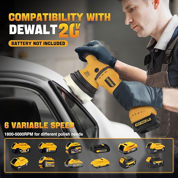Cordless Buffer Polisher Kit for Dewalt 20V Battery (No Battery), 6-Inch Orbital Car Polisher Variable Speed 1800—5500 RPM, 17PCS Polishing Accessories, for Car Polishing/Waxing (Tool Only)
