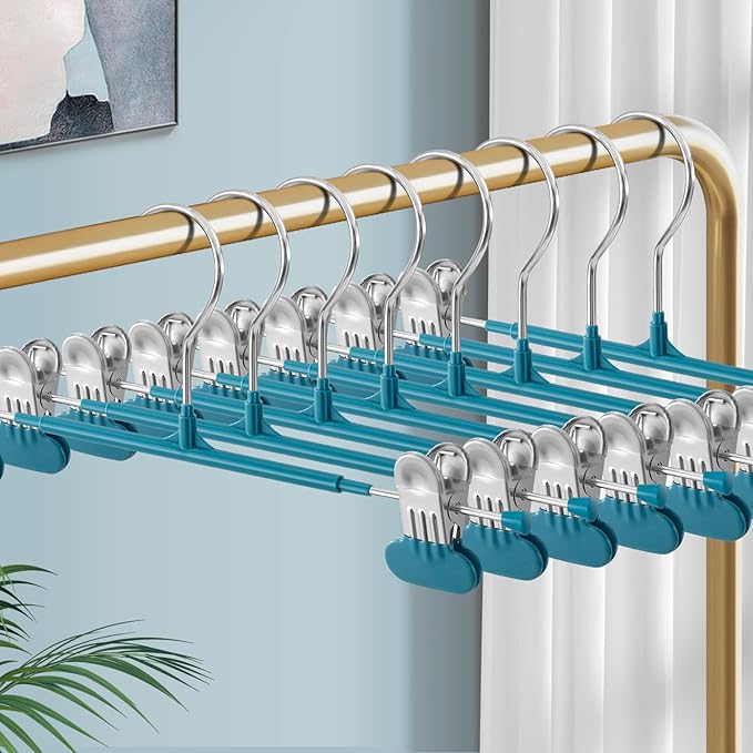 Clothes Pants Hangers with Wide Clips 20 Pack,Non-Slip Adjustable Skirt Hanger for Women,Space-Saving Heavy Duty Men Hangers for Pants,Trousers,Jeans,Shorts 12Inch Blue