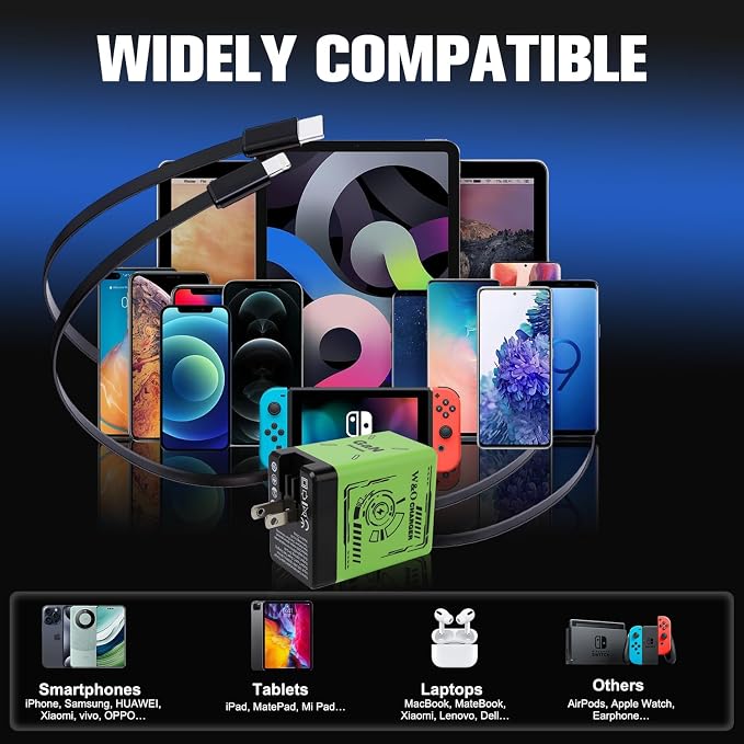 2-in-1 GaN Charger Fast Charging with Lightning and Type-C Cables Black | Retractable Phone Chargers Foldable fast charger Compatible with iPhone&ampMost Android