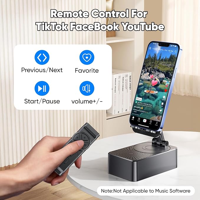 Phone Stand with Speaker with Bluetooth 5.3Phone Stand with Remote Control &amp Adjustable Height/AngleNon-Slip Silicone BasePortable for Home/Office/OutdoorGifts for Men Women Teens Parents