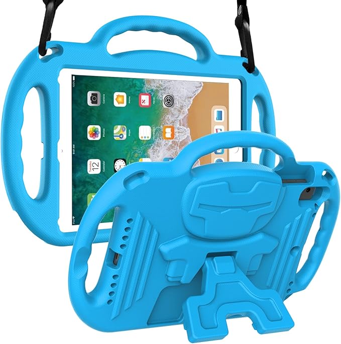 LTROP Kids Case for iPad 5th/6th Generation (2017/2018) &amp Air 2 Shoulder Strap Handle Stand Shockproof Bumper Cute Kid Case for iPad 9.7 Inch Black