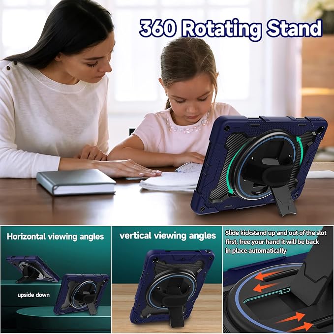 for iPad 9th 8th 7th Gen Case 10.2 inch with Screen Protector | 360° Rotating Kickstand Hand Strap Shoulder Strap Heavy Duty Military Grade - Kids Friendly