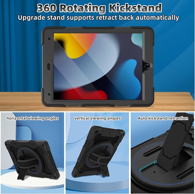 for iPad 9th 8th 7th Gen Case 10.2 inch with Screen Protector | 360° Rotating Kickstand Hand Strap Shoulder Strap Heavy Duty Military Grade - Kids Friendly