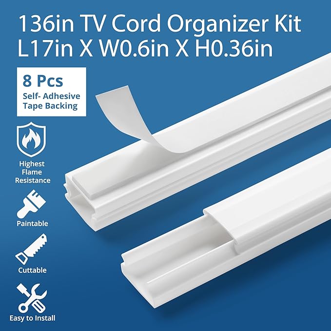 136in Cord Hider for Wall Mount TV, White Wire Covers for 1 Mini Cords, YCLYC 8Pack Cable Hider Kit, Paintable Power Wall Cord Cover, Wire Hiders for TV on Wall Cable Raceway - L17in W0.6in H0.36in