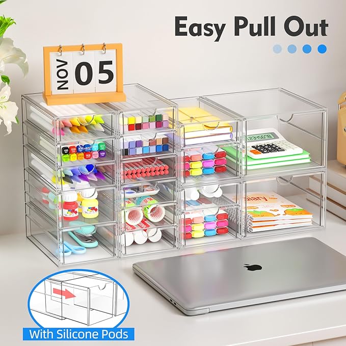 Acrylic Makeup Organizer with 13 Drawers, Bathroom Counter Organizer, Acrylic Organizers, Desk Organizer, Office Supplies, Storage Drawers for Cosmetic, Pencil, Coffee, etc 3 Pack