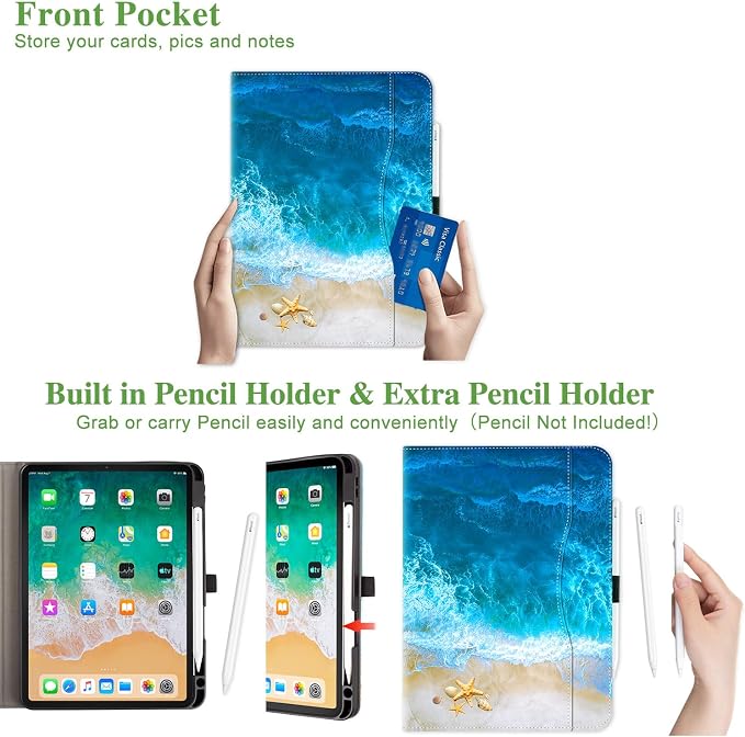 Vimorco for iPad Pro 11-inch Case M5/M4 2025/2024 for iPad Pro Case 11 Inch M5/M4 Pencil Holder/Hand Strap/Pocket/Screen Protection Band 3 Adjustable Angles Auto Sleep/Wake Beach Blue Ocean