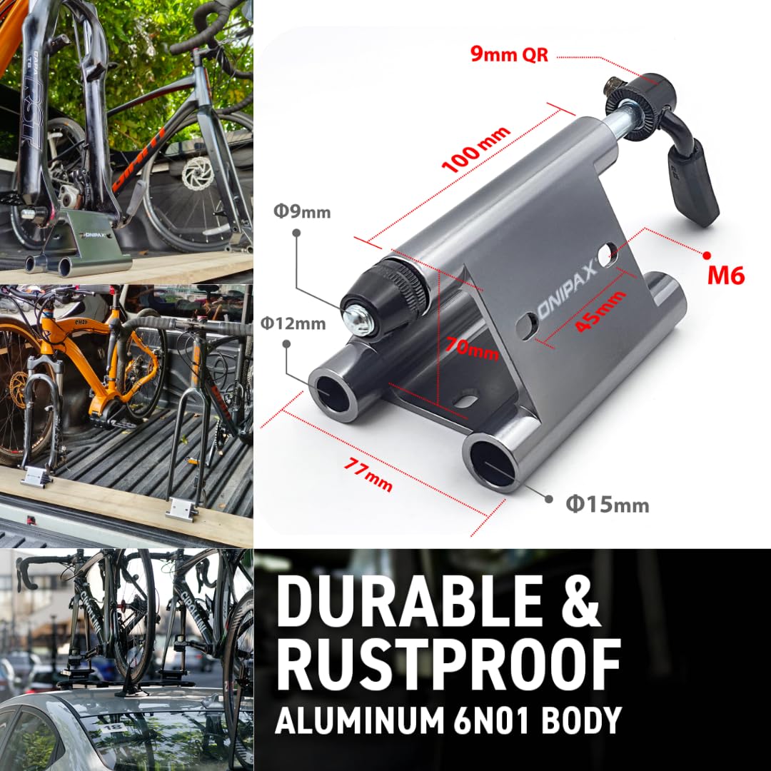 ONIPAX Bike Fork Mount Truck Bed & Van Rack for 9mm QR, 12x100mm, 15x100mm Thru-Axle Heavy Duty Aluminum Bicycle Carrier with 9mm Quick Release Skewer