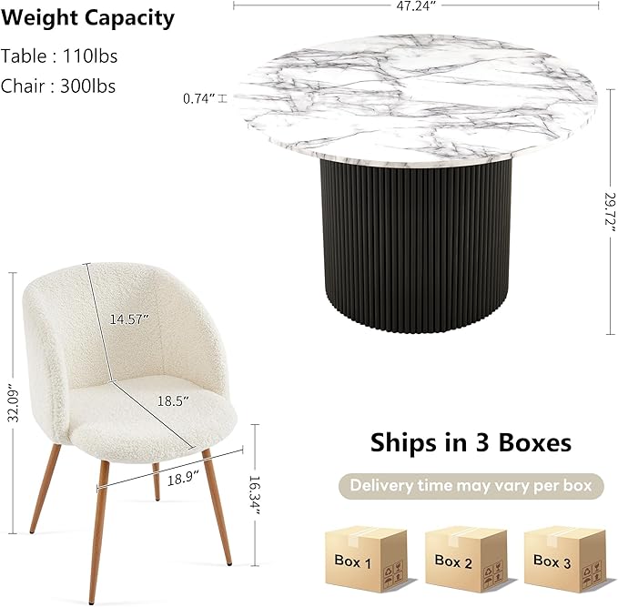 NORDICANA 5-Piece Wooden Round Dining Room Table and Chair Set, 47-Inch Kitchen Table with Barrel Chairs for 4, Off White Upholstered Sherpa Dining Set, MDF Core with White Marble Effect Finish