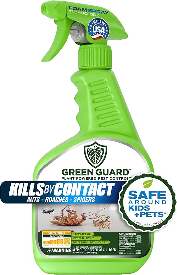Green Guard Pest Control Spray - Indoor & Outdoor Killer of Ants, Roaches, Spiders & Other Crawling Insects, Safe Around Children & Pets, Plant-Based, Pleasant Scent (Citro Force, 32oz)
