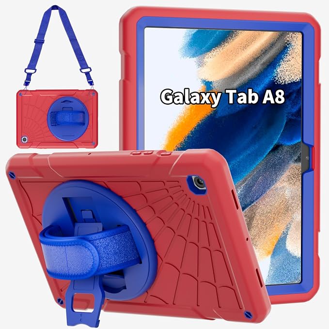 Case for Samsung Galaxy Tab A8 10.5'' Sturdy Heavy Duty Full-Body Shockproof Protective Case 360° Rotating Stand Hand/Shoulder Strap (Black+Blue)