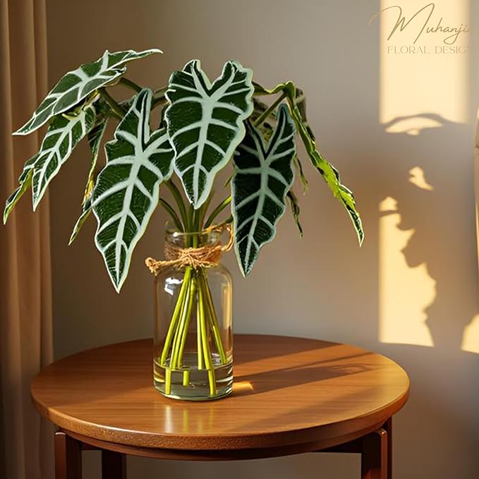 Artificial Flowers Turtle-Back, Alocasia Leaf, in Glass Vase with Faux Water,7Pcs Artificial Leaves Real Touch Latex Leaves for Centerpiece (1, Alocasia Leaf)