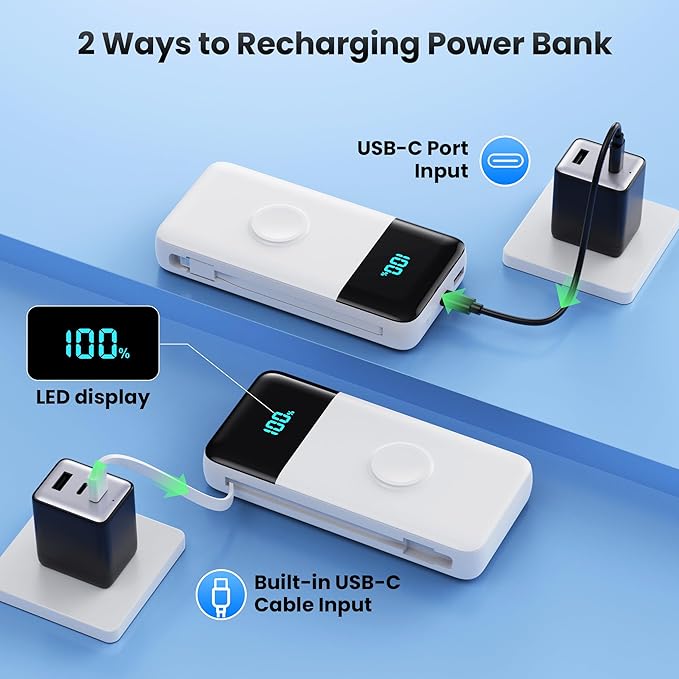 Portable Charger 40800mAh for iPhone with 2 Built-in Cable and iWatch Charger, 5-in-1 25W PD Fast Charging USB C Power Bank,QC4.0 LED Display Battery Pack for iPhone 16/15/14/13/12,Android,Apple Watch