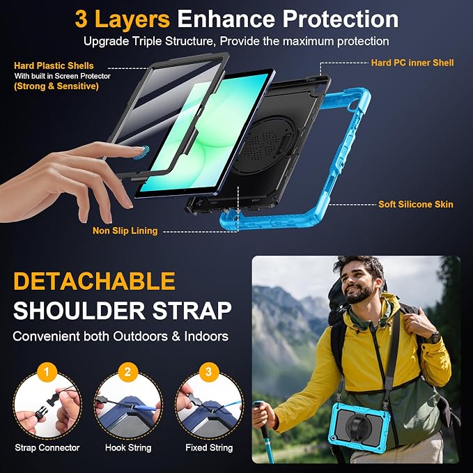 Case for Samsung Galaxy Tab A11+ Plus 11 Inch Ubearkk for Galaxy Tab A9+ Plus Case Full-Body Drop Protection Cover with Screen Protector 360° Rotating Stand and Hand/Shoulder StrapBrightblue