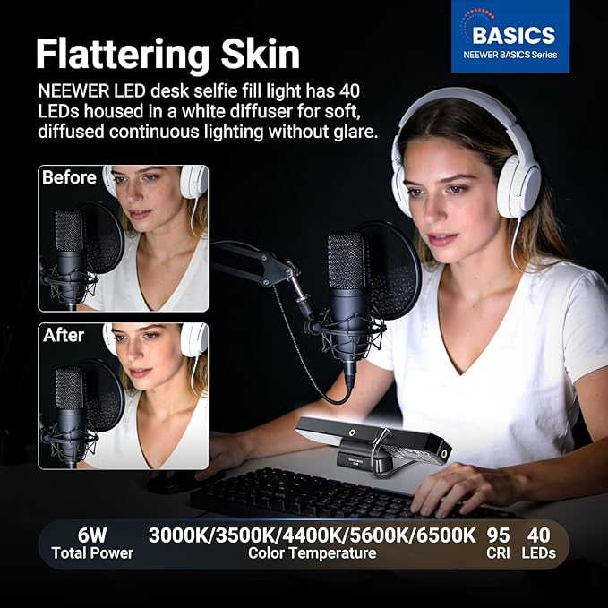 NEEWER Basics LED Chin Fill Lighting CRI95, 6W Bi Color Portable Desk Phone Selfie Photo Light, USB Powered for TikTok Streaming Laptop Video Conference Tripod Recording Travel Makeup, TL30B