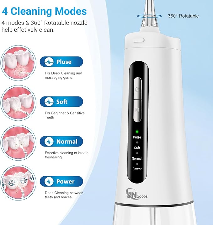 JNGOODS Cordless Water Dental Flosser Oral irrigator,JNGOODS 300ml Rechargeable Water flosser for Teeth IPX7 Waterproof 4 Modes Portable Oral Irrigator with 4 Jet Tips, Travel Home use (White)