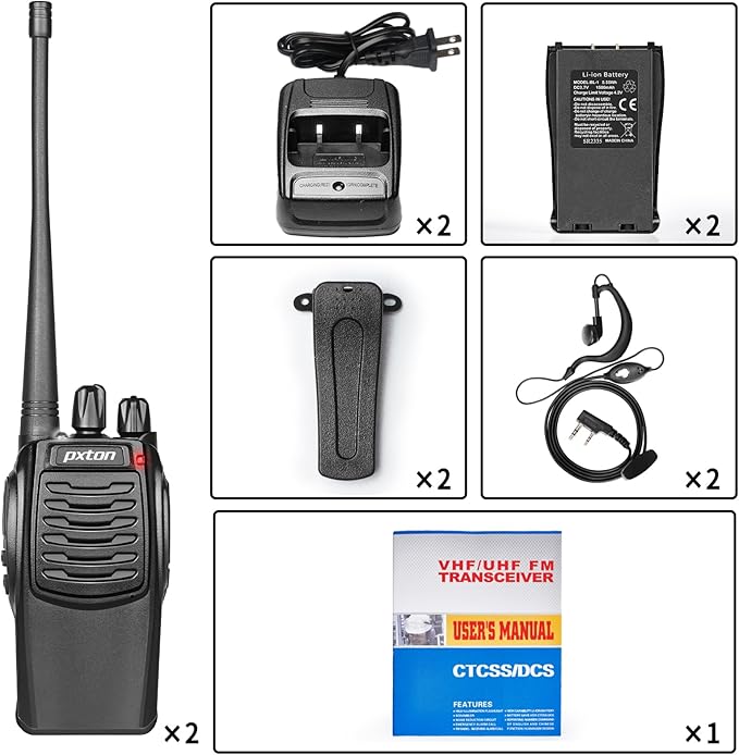pxton S1 walkie talkies for Adults with earpieces and Rechargeable 1500mAh Li-ion Battery，walkie Talkie has VOX，TOT，Emergency Alarm，Battery Low Alert，Flashlight，Scan Function（2 Pack）