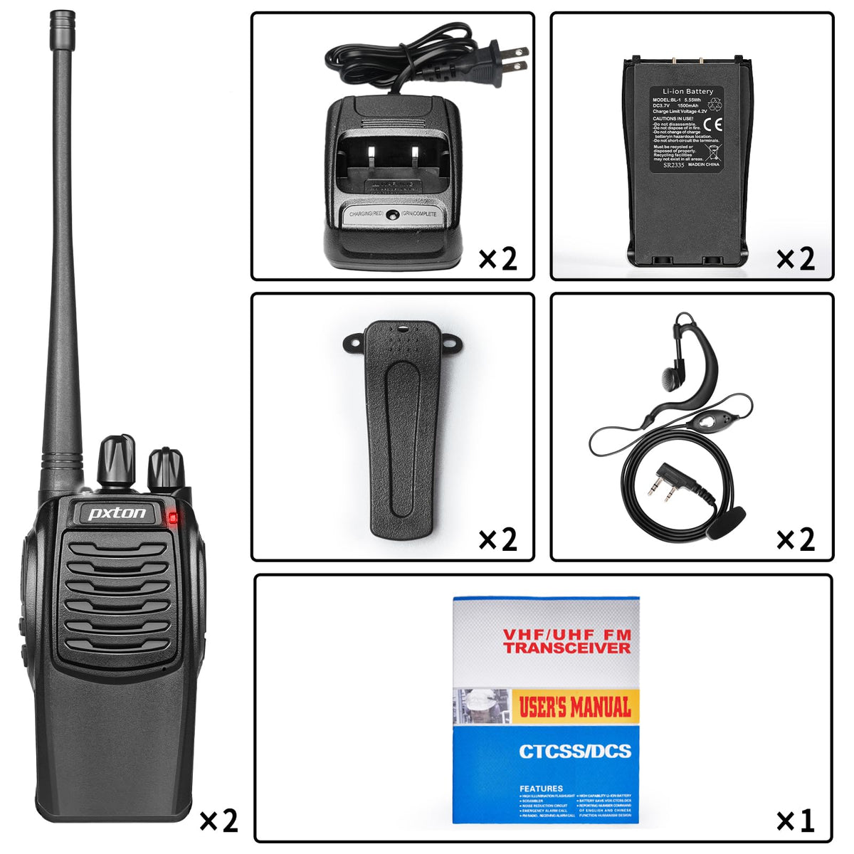 pxton S1 walkie talkies for Adults with earpieces and Rechargeable 1500mAh Li-ion Battery，walkie Talkie has VOX，TOT，Emergency Alarm，Battery Low Alert，Flashlight，Scan Function（2 Pack）