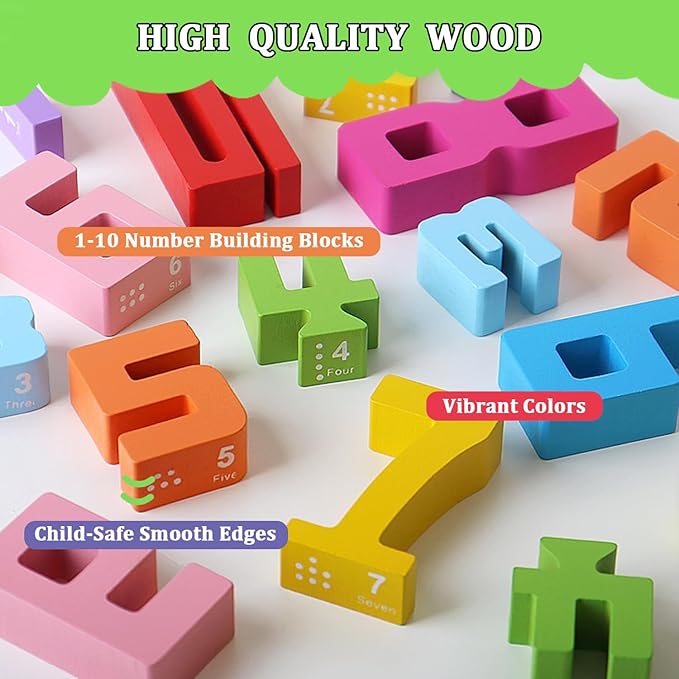 Montessori Math Blocks for Kids Ages 3-8 | 20PCS Wooden STEM Learning Toys with Balance Game | Self-Checking Number Puzzles & Counting Cubes | Toddler Educational Building Set