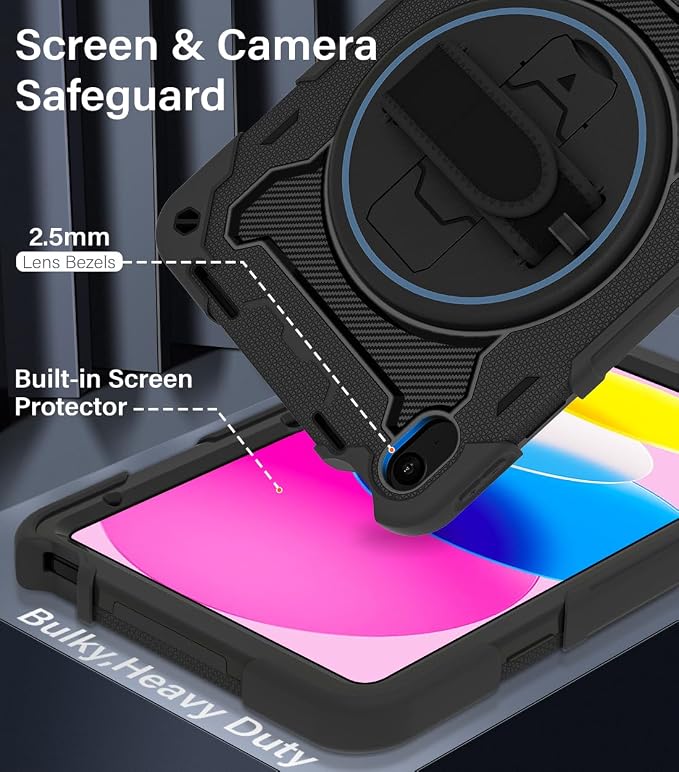 for iPad 9th 8th 7th Gen Case 10.2 inch with Screen Protector | 360° Rotating Kickstand Hand Strap Shoulder Strap Heavy Duty Military Grade - Kids Friendly