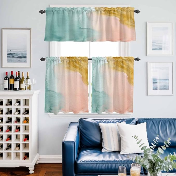 Kitchen Window Curtains Valance and Tier Set, Abstract Desert Mountains Rod