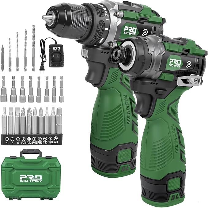 Prostormer Cordless Drill and Impact Driver Set, 17V Brushless Power Tool Kit Included 3/8” Drill & 1/4” Impact Driver with 2 Batteries, Charger, 23pcs Bits and Tool Case