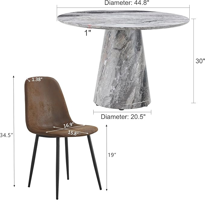 Round Dining Table Set for 4, 45IN Kitchen Table Set with Faux Marble Table Top and PU Upholstered Chairs, Modern Dinner Table with Chairs Set for Dinning Room, Living Room