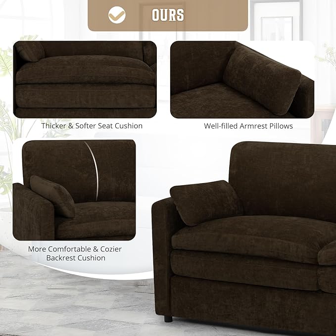 69" Chenille Modern Couch with Cozy & Soft Backrests, 2 Seats Sofa with 2 Extra Pillows, Comfy Upholstered Sofa with Thicker Cushions for Living Room, Office, Brown