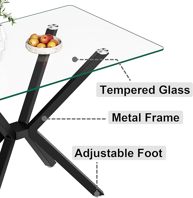 47.2" Glass Dining Table, Modern Kitchen Table for 4 People, Contemporary Rectangular Dining Room Dinner Tables with Clear Glass Top & Black Metal X Legs for Kitchen Apartment
