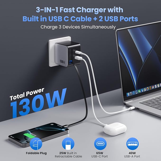 150W USB C Charger BlockGaN III Compact Foldable Wall Charger 3 Port Fast Charging StationPD QC PPS Portable USB C Hub 100W Laptop Adapter for MacBook Pro/AiriPadiPhone 17/ProGalaxy S24Dell etc