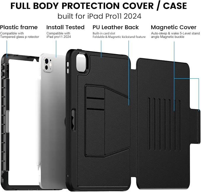 for iPad Pro 11 inch Protective Case M5 2025/M4 2024: Heavy Duty Shockproof Case with Pencil Holder - 360°Rotating Handle/Stand - Screen Protector - Shoulder Strap Black/Sky Blue