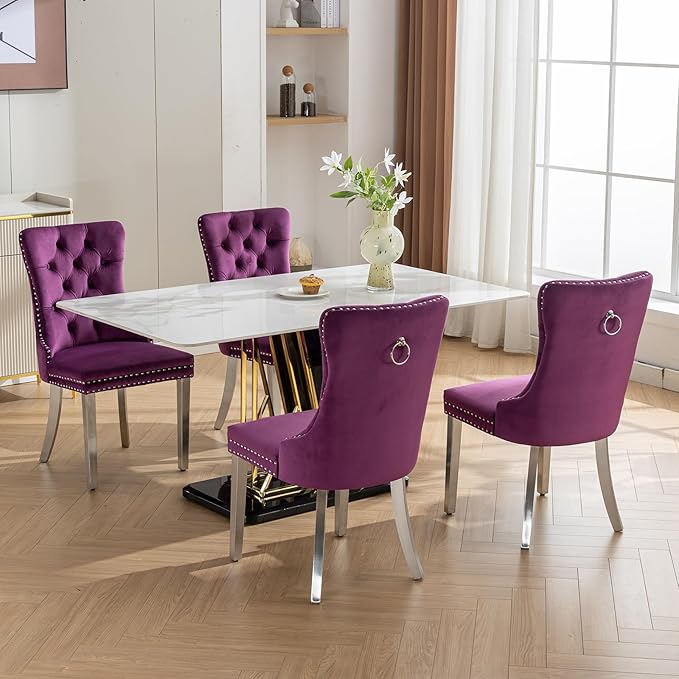 Luxury Upholstered Dining Chairs Set of 8, Purple Kitchen Chair with Silver Metal Legs, Velvet Tufted Back Dining Chair, Sillas de Comedor, Modern Kitchen & Dining Room Chairs (Purple, 8 Pcs)