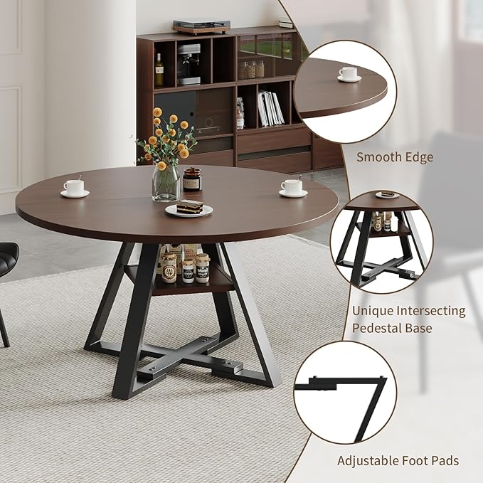 45.3" Walnut Round Dining Table Set with 2 Chairs – Mid-Century Modern Small-Space Kitchen & Dining Room Furniture for Apartment or Breakfast Nook (Walnut – Storage Table + 2 Brown Chairs)