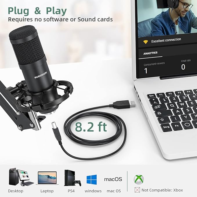 SUDOTACK USB Condenser Podcast Microphone for PC: Studio Microphone Kit with 192KHz/24bit Professional Sound Chipset Cardioid for Recording, Streaming, Gaming, Voice-Over, YouTube, Skype, Twitch