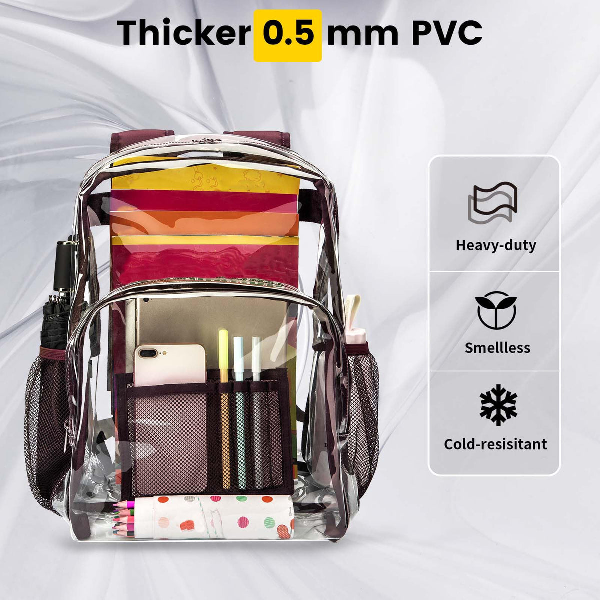 Vorspack Clear Backpack Heavy Duty PVC Transparent Backpack with Reinforced Strap Stitches & Large Capacity for College Workplace Security - Coffee