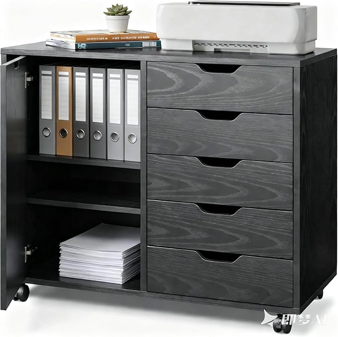 5-Drawer Wood Drawer Cabinet, Office Storage Cabinet with Adjustable Shelf & Wheels, Printer Stand for Home Office, Black, 15.7" D x 30.7" W x 25.4" H