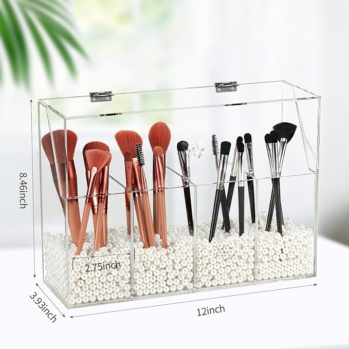 Acrylic Makeup Organizer, Clear Cosmetic Brush Storage Box With 4 Brush Holders,Makeup Brush Holder with Dust Cover, Large-capacity Split Design Can Quickly Organize the Desktop（No pearls）