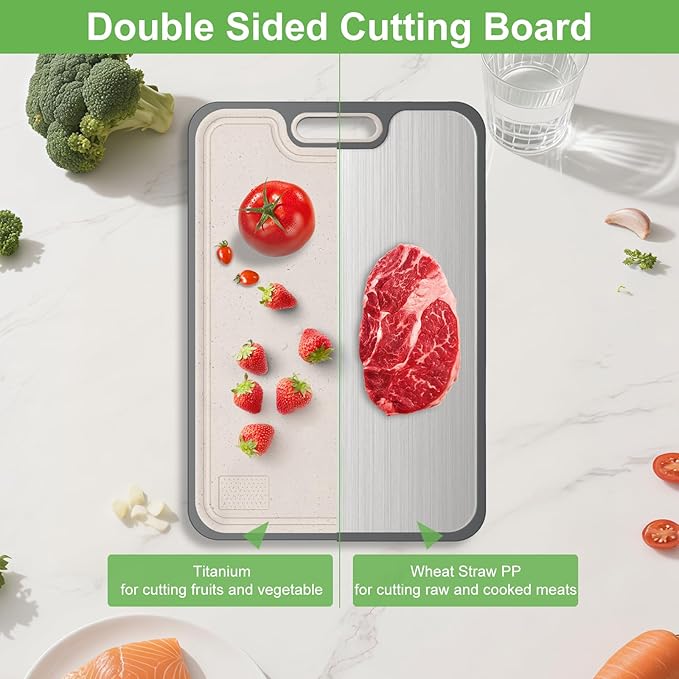Ghims 2IN1 Titanium Cutting Boards for Kitchen,Metal Cutting Boards With Pure Titanium and Wheat Straw PP,Double Sided Chopping Board with Juice Groove Dishwasher Safe Easy to Clean Non Toxic 15"X10"