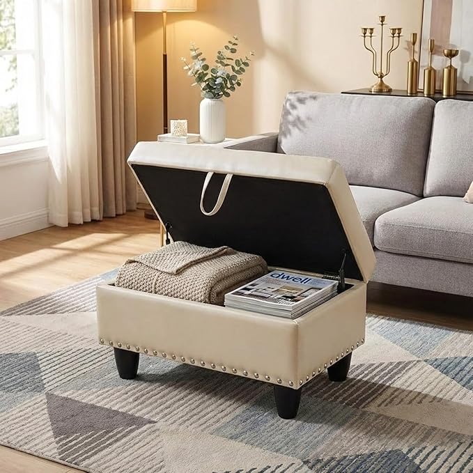 Simple Deluxe Ottoman with Storage Bench Chair, 28.5" L x 19.5" W x 17.5" H Synthetic Leather Foot Rest Stools,Ottoman Storage Chest Box with Padded Seat for Bedroom, Living Room, Entryway,White
