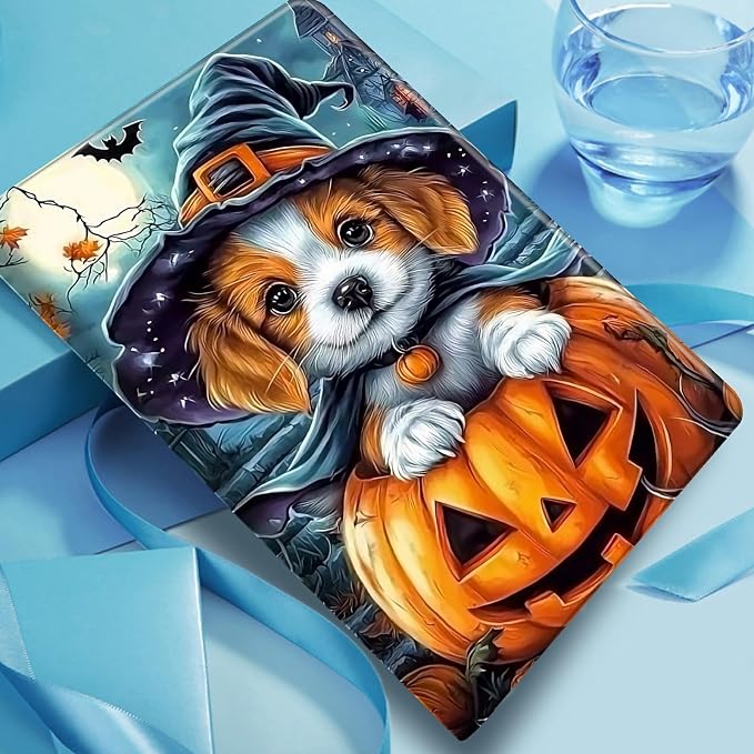 Case for Amazon Fire 7 Tablet 2019/2017 Release 9th/7th Generation PU Leather Smart Protective Cover with Auto Sleep/Wake for Fire 7 2019Dog Wearing Witch Hat Pumpkin