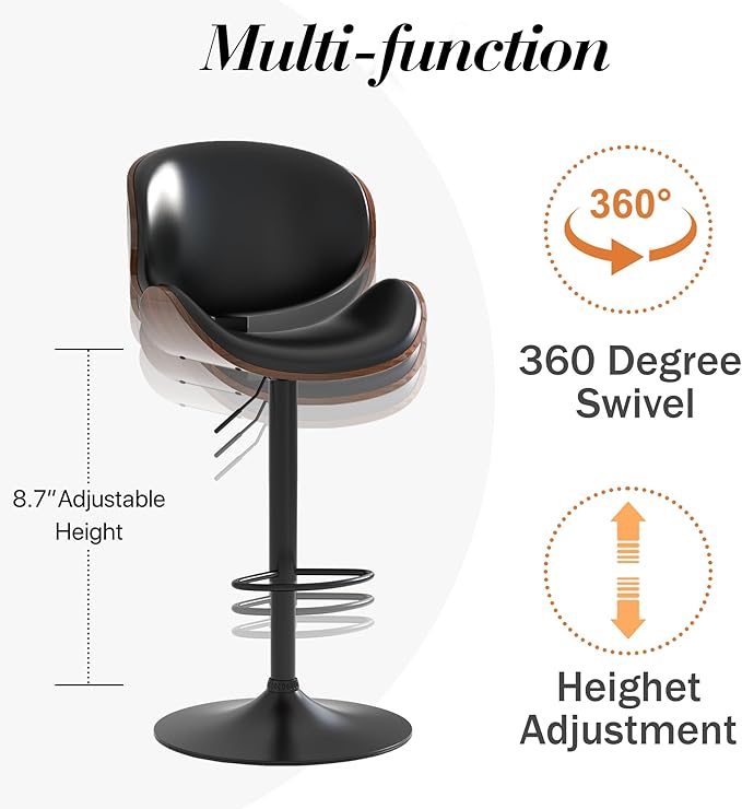Adjustable Swivel Bar Stools 1 PC, Modern Bentwood Barstool with Large Metal Base and Footrest, PU Leather Upholstered Bar Chair with Curved Back for Kitchen Island Dining Room, Black