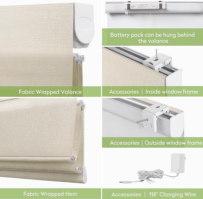 ZSTARR Smart Roman Shades Rechargeable Motorized Blinds with Remote Full Blackout Roman Window Shades Plain Fold Soft for Doors Bedroom, Custom Size (Beige)