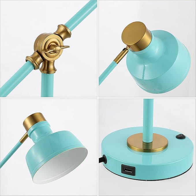 JONATHAN Y 18.5" Cyan/Brass Gold Adjustable Cantilever LED Task Lamp with USB Charging Port, Vintage Farmhouse Desk Lamp for Home Office Reading, Metal Shade (JYL7124C)