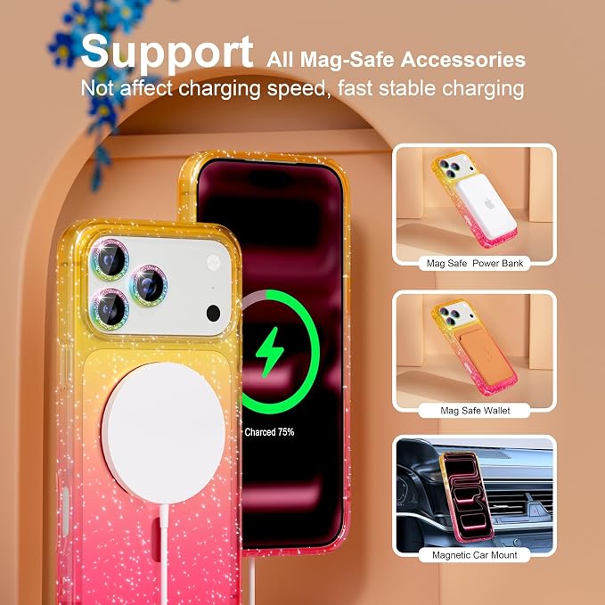 Choiche for iPhone 15 Pro Max Case Compatible with MagSafe Glitter Black | Women Girly Cute Glitter Sparkly Magnetic Phone Case with Diamond Camera Lens Protectors Military-Grade Drop Protection 6.7
