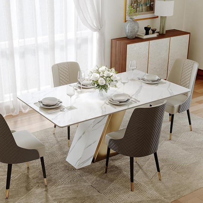 POVISON 71" Modern Dining Table for 6, Luxury Rectangle Dining Table Sintered Stone Dining Tabletop with Z-Shaped Stainless Steel Pedestal for Dining Room, Living Room (Table Only)