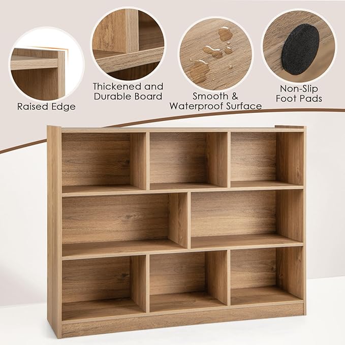 NAFORT 8-Cube Organizer Storage Cabinet, 3-Tier Bookshelf,Low Displaycase, Wooden Bookcase for Bedroom/Preschook/Classroom/Office, Natural