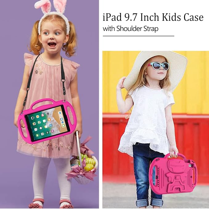 LTROP Kids Case for iPad 5th/6th Generation (2017/2018) &amp Air 2 Shoulder Strap Handle Stand Shockproof Bumper Cute Kid Case for iPad 9.7 Inch Black