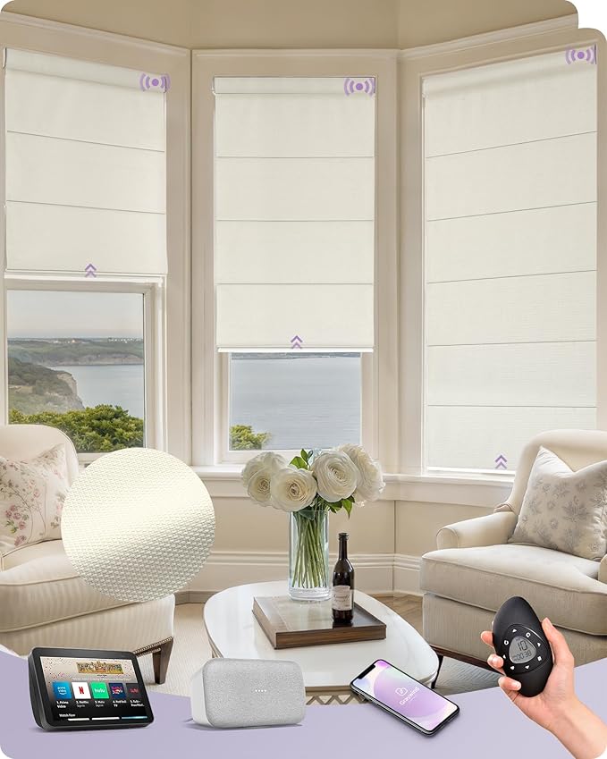 Graywind Smart Roman Shades Compatible with Alexa Google Rechargeable Motorized Blinds with Remote Blackout Roman Window Shades Classic Plain Fold Soft for Doors Bedroom, Custom Size (Textured Oat)