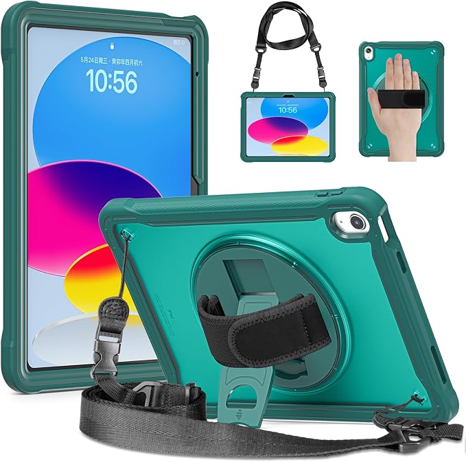 Case for iPad (A16) 11th/10th Generation 2025/2022 11/10.9 inch Rugged Shockproof Protective Cover with Screen Protector 360° Rotating Hand Strap&ampStand Pencil Holder Black