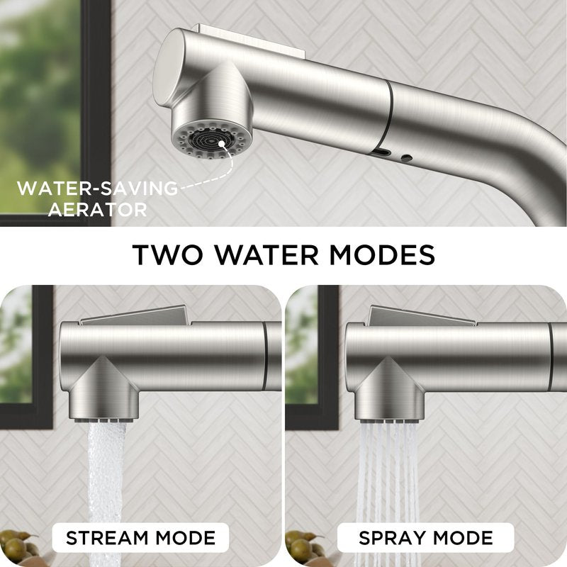 FORIOUS Modern Bar Sink Faucet Brushed Nickel, Stainless Steel Single Handle Small Kitchen Sink Faucet with Pull Out Sprayer, 360° Swivel Spout L-Shaped Design Suitable for Camper Outdoor Bathroom RV