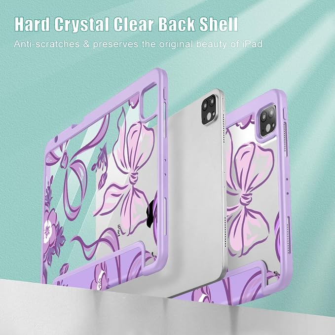 Mektron Case for iPad Pro 11 inch Case M2 2022 Generation 4th Fit 2021 2020 2018 iPad Pro 11 (3rd 2nd &amp 1st Gen) -Buit in Pencil Holder with Shockproof Cover Clear Shell Blue Bows &amp Flower